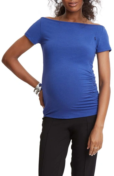 Shop Stowaway Collection Off The Shoulder Maternity/nursing Top In Sapphire