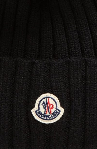 Moncler Virgin Wool Rib Beanie With Faux Fur Pompom In Black