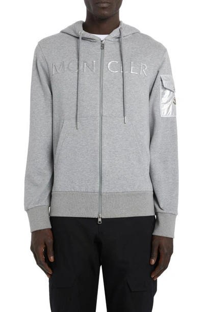 Shop Moncler Embossed Logo Zip Hoodie In Gray