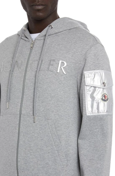 Shop Moncler Embossed Logo Zip Hoodie In Gray