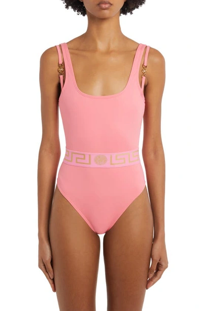 Shop Versace La Greca Band Double Strap One-piece Swimsuit In 1po20 Flamingo