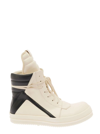 Shop Rick Owens 'geo-basket' White High-top Sneakers With Contrasting Details In Leather Man In White/black