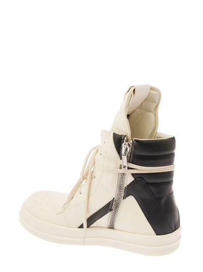 Shop Rick Owens 'geo-basket' White High-top Sneakers With Contrasting Details In Leather Man In White/black