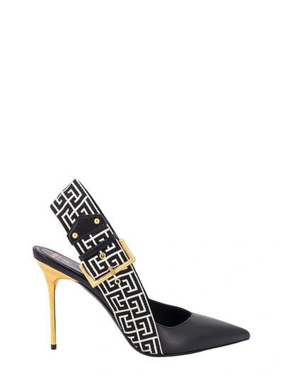 Balmain Ruby Stiletto Slingbacks In Calfskin And Pb Labyrinth Canvas In Black