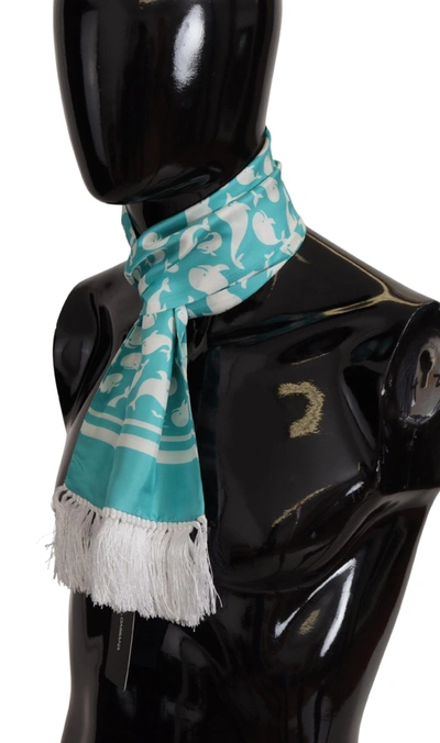 Shop Dolce & Gabbana Blue Whale Printed Shawl Wrap Fringe Silk Teal Men's Scarf