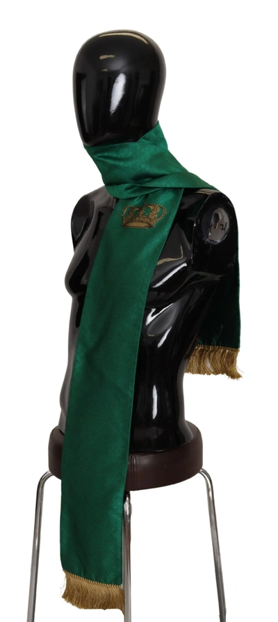 Shop Dolce & Gabbana Green Crown Embroidered Shawl Fringe Blend Men's Silk