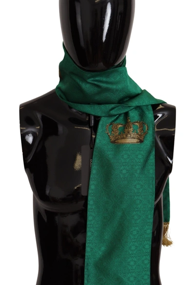 Shop Dolce & Gabbana Green Crown Embroidered Shawl Fringe Blend Men's Silk
