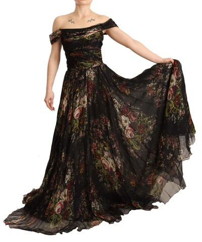 Shop Dolce & Gabbana Floral Silk Off-shoulder Long Women's Dress In Multicolor