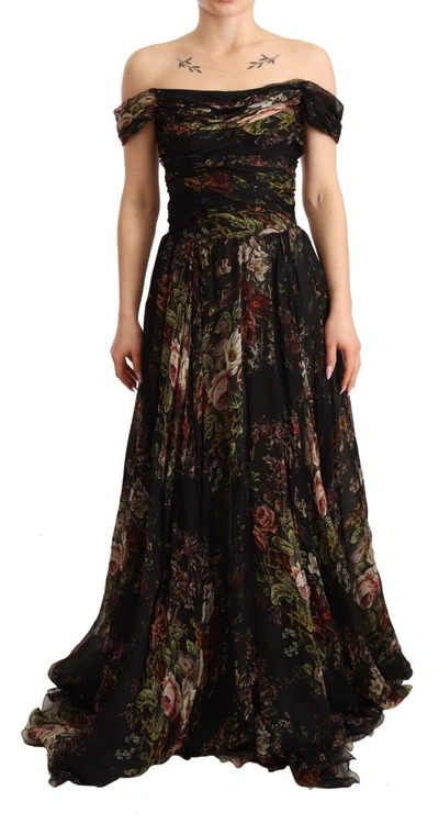 Shop Dolce & Gabbana Floral Silk Off-shoulder Long Women's Dress In Multicolor