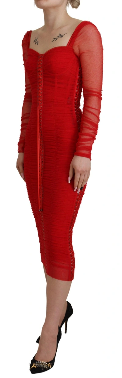 Shop Dolce & Gabbana Red Mesh Trim Bodycon Sheath Midi Women's Dress
