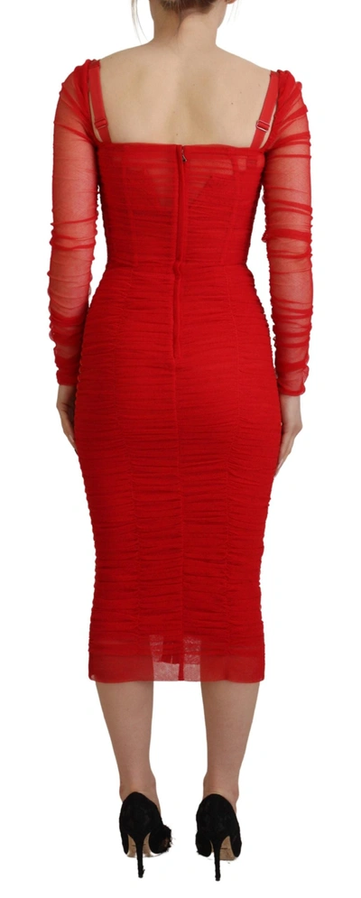 Shop Dolce & Gabbana Red Mesh Trim Bodycon Sheath Midi Women's Dress