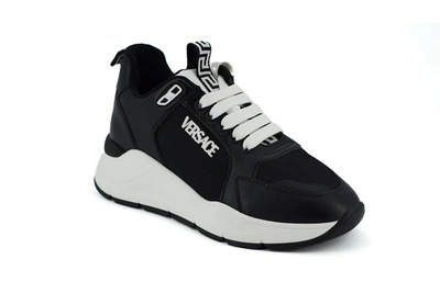 Shop Versace Black And White Calf Leather Women's Sneakers