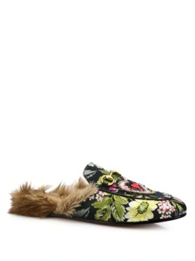 Gucci Princetown Fur-lined Floral Jacquard Heart Slippers In Multi