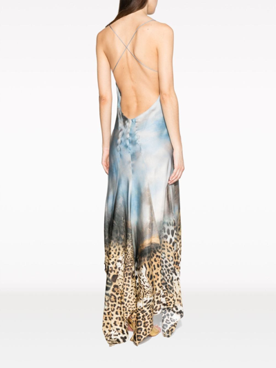 Shop Roberto Cavalli Graphic-print Silk Dress In Blue