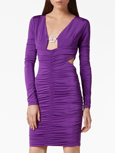 Shop Philipp Plein Logo-plaque Ruched Minidress In Purple