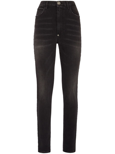 Shop Philipp Plein High-rise Skinny Faded Jeans In Black