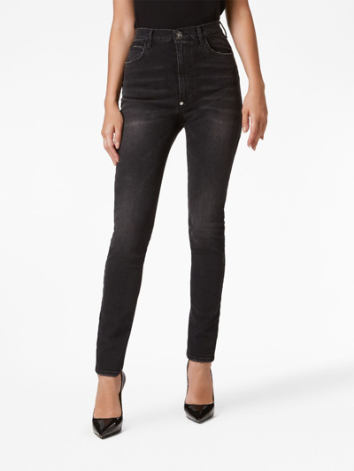 Shop Philipp Plein High-rise Skinny Faded Jeans In Black