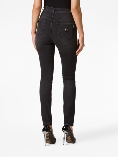Shop Philipp Plein High-rise Skinny Faded Jeans In Black