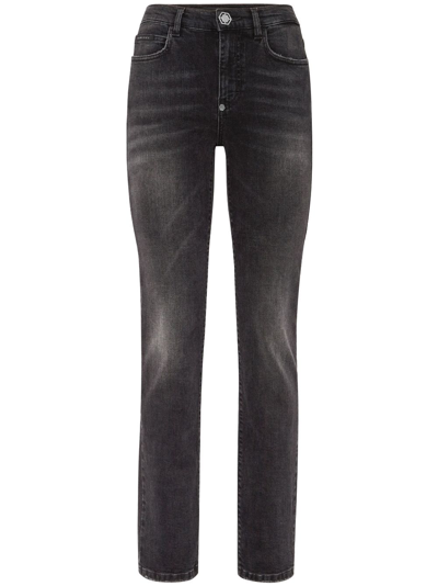 Shop Philipp Plein Mid-rise Straight-leg Faded Jeans In Black