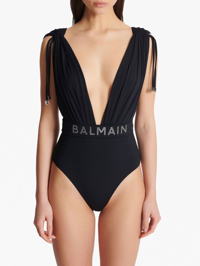 Shop Balmain Logo-embellished Draped-detailing Swimsuit In Black
