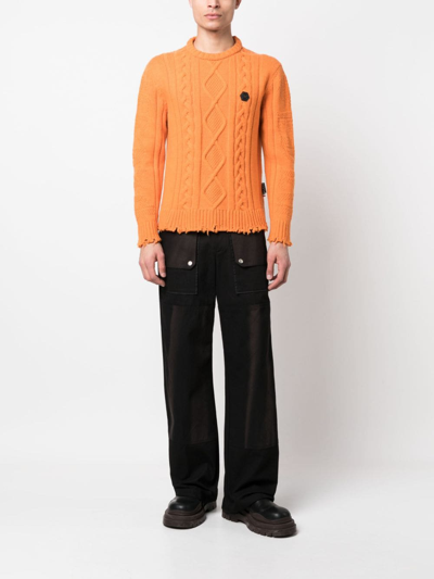 Shop Philipp Plein Distressed Cable-knit Jumper In Orange