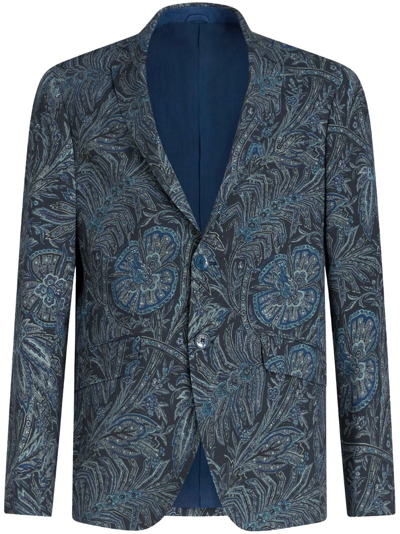 Shop Etro Single-breasted Floral-print Jacket In Blue