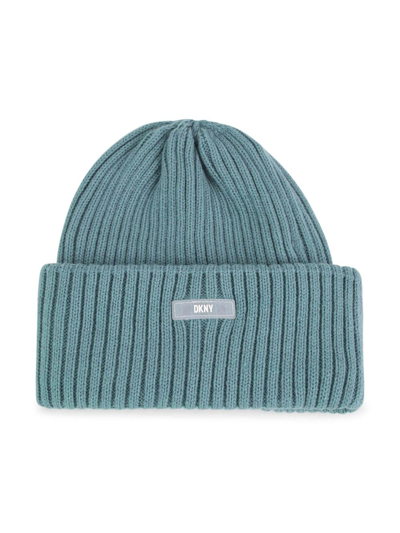Shop Dkny Logo-patch Ribbed Beanie In Blue