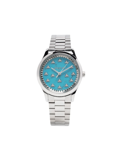 Shop Gucci Blue G-timeless Stainless Steel Watch In Silver