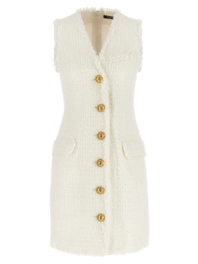 Balmain V-neck Buttoned Tweed Minidress In White