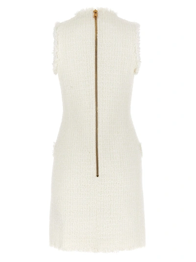 Balmain V-neck Buttoned Tweed Minidress In White