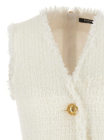 Balmain V-neck Buttoned Tweed Minidress In White
