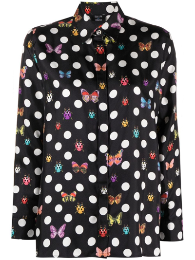 Shop Versace Black Polka Dot Shirt With Butterfly Print In Multicolore