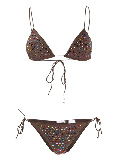 Shop Oseree Brown Triangle Bikini Set With Multicoloured Sequins