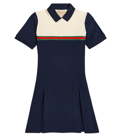 Shop Gucci Web Stripe Cotton-blend Piqué Polo Dress In Blue