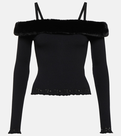 Blumarine Off-the-shoulder Faux Fur Knit Top In Black