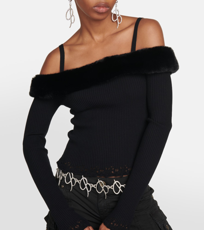 Blumarine Off-the-shoulder Faux Fur Knit Top In Black