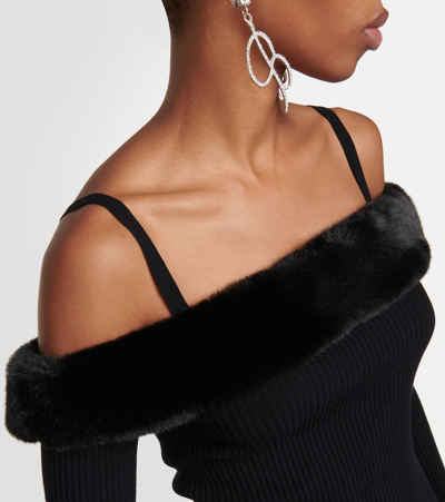 Shop Blumarine Faux Fur-trimmed Off-shoulder Top In Black