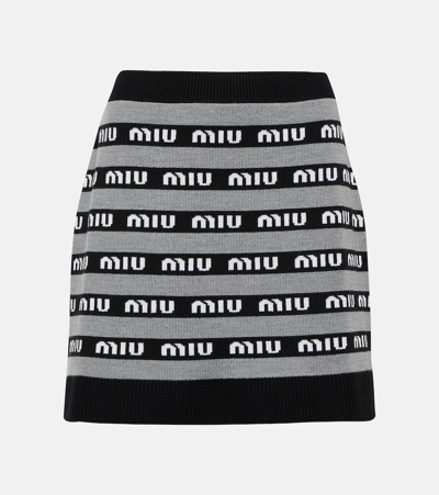 Miu Miu Logo Jacquard Wool Miniskirt In Grey