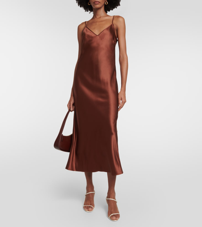 Shop Joseph Clea Silk Satin Midi Dress In Brown