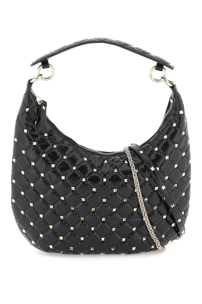 Shop Valentino Small Leather 'rockstud Spike' Hobo Bag In Black