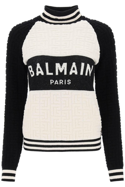 Shop Balmain Turtleneck Sweater In Terry Cloth In White,black