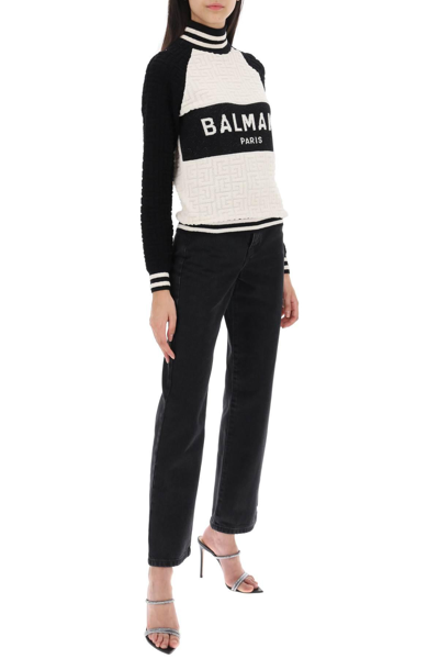 Shop Balmain Turtleneck Sweater In Terry Cloth In White,black