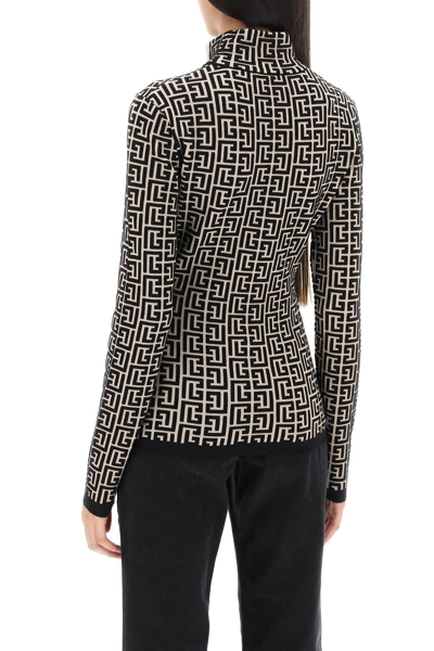 Shop Balmain Turtleneck Sweater In Monogram Knit In Beige,black