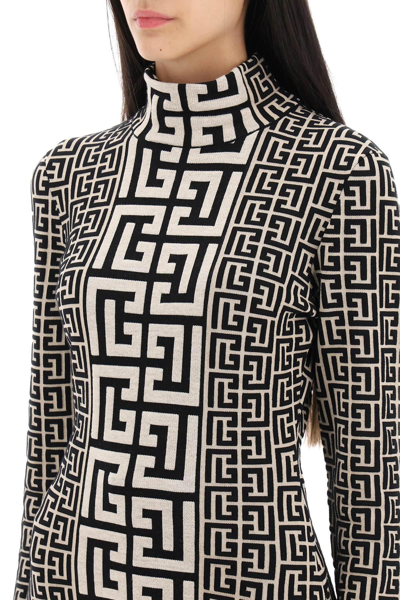Shop Balmain Turtleneck Sweater In Monogram Knit In Beige,black