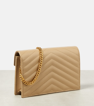 Saint Laurent Cassandre Leather Wallet On Chain In Beige