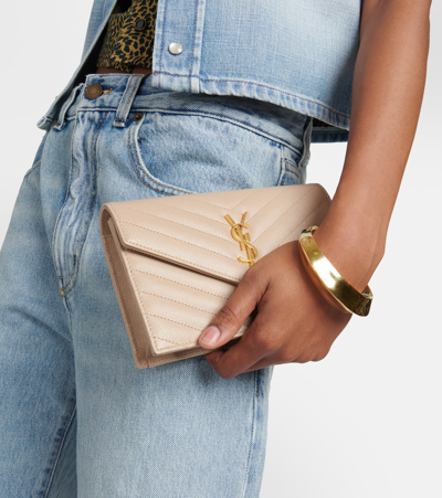 Saint Laurent Cassandre Leather Wallet On Chain In Beige