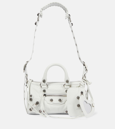Balenciaga Green Leather Shoulder Handbag With Magnetic Closure And Metal Details In White