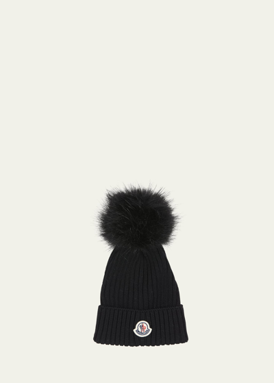 Shop Moncler Girl's Ribbed Pom Pom Hat In Black