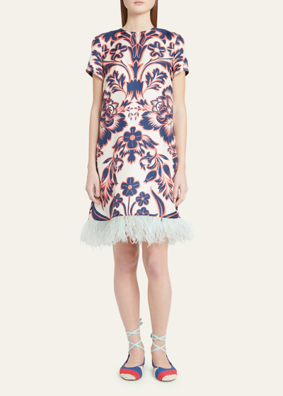 Shop La Doublej Patterned Mini Swing Dress With Feather Trim In Vava