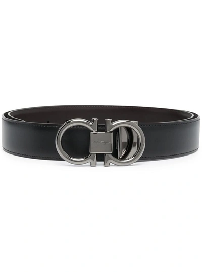 Shop Ferragamo Black And Brown Reversible Belt With Gancini Detail In Smooth Leather Man